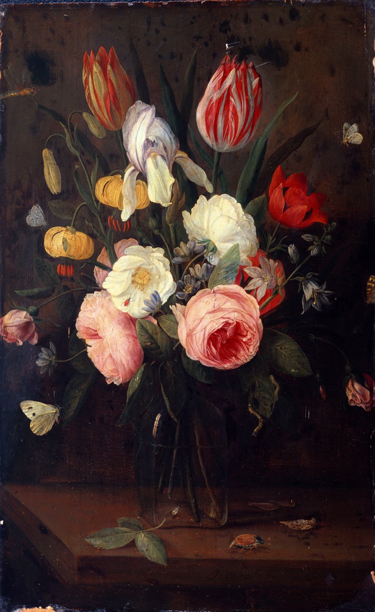Rózsák, tulipánok és más virágok üvegvázában, rovarokkal, asztalon alkotó: Jan van Kessel