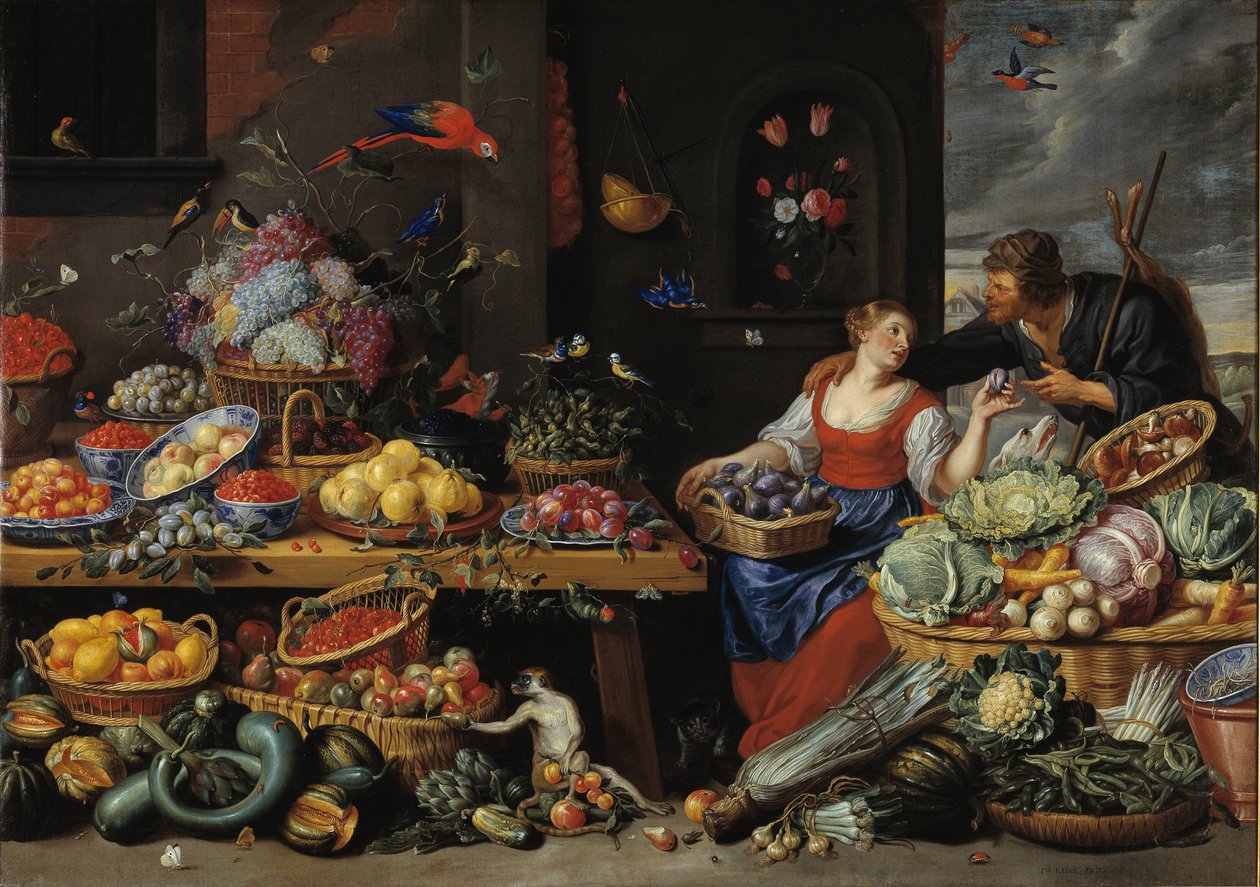Zöldség-gyümölcs piac fiatal gyümölcsárussal alkotó: Jan van Kessel d.Æ.