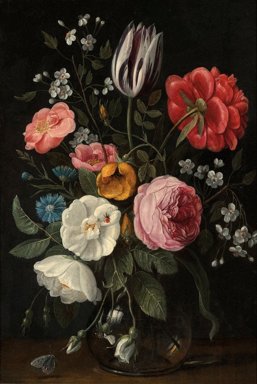 Rózsa, tulipán, bazsarózsa, cseresznyevirág és kentaurium egy üvegvázában egy párkányon. alkotó: Jan van Kessel the Elder