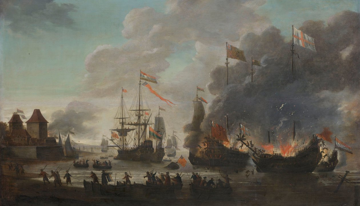 A holland égő angol hajók a holland rajtaütés során a Medway-en, 1667. június 20. alkotó: Jan van Leyden