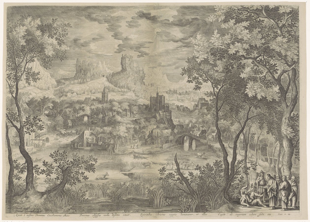 Landschap találkozott Christus die een demon uitdrijft bij een stomme man Kiűzi a nyomorult Cacodaemona urat, A mítosz megszállottja, ékesszóló szavakat mond a szellemeknek. királyi alkotó: Jan van Londerseel