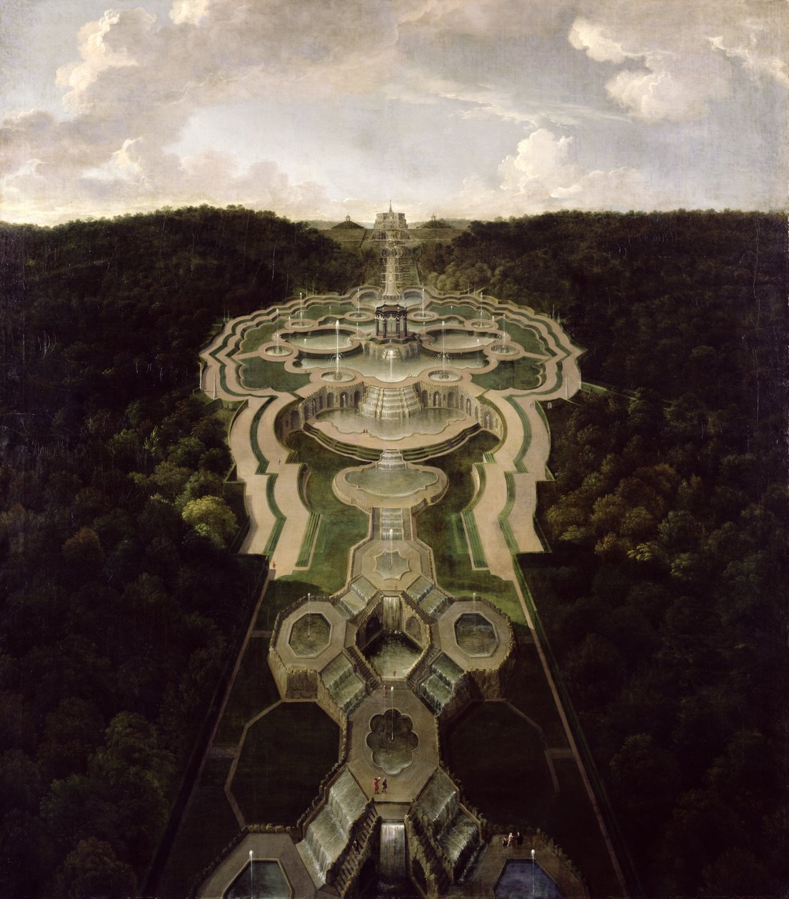 Kilátás a Nagy térre és a templomra a vízesések második harmadának elején az oktagonig, 1716 után alkotó: Jan van Nickelen