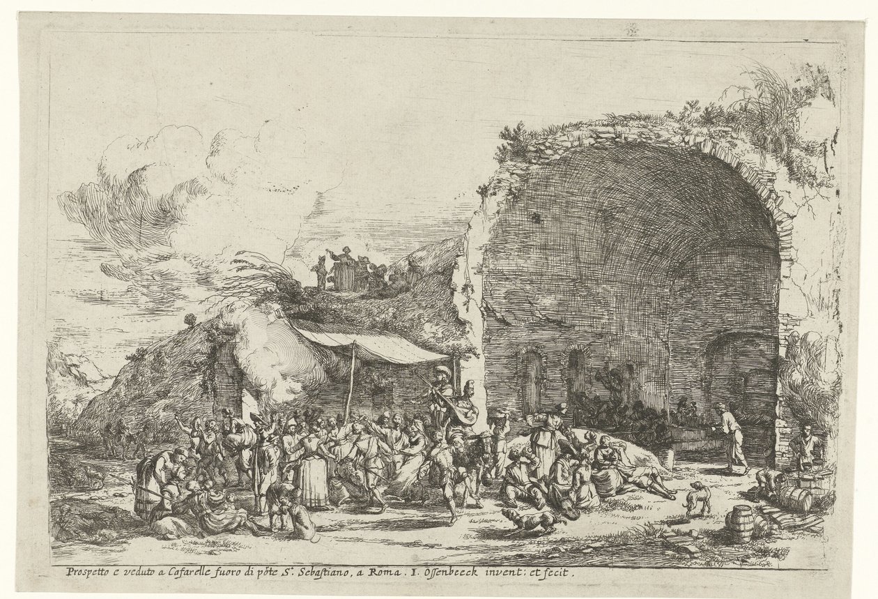 Ünnepélyek Egeria nimfa barlangjának romjainál Prospetto e veduto a Cafarelle fuoro di porte S. Sebastiano, a Roma (cím a tárgyon) alkotó: Jan van Ossenbeeck