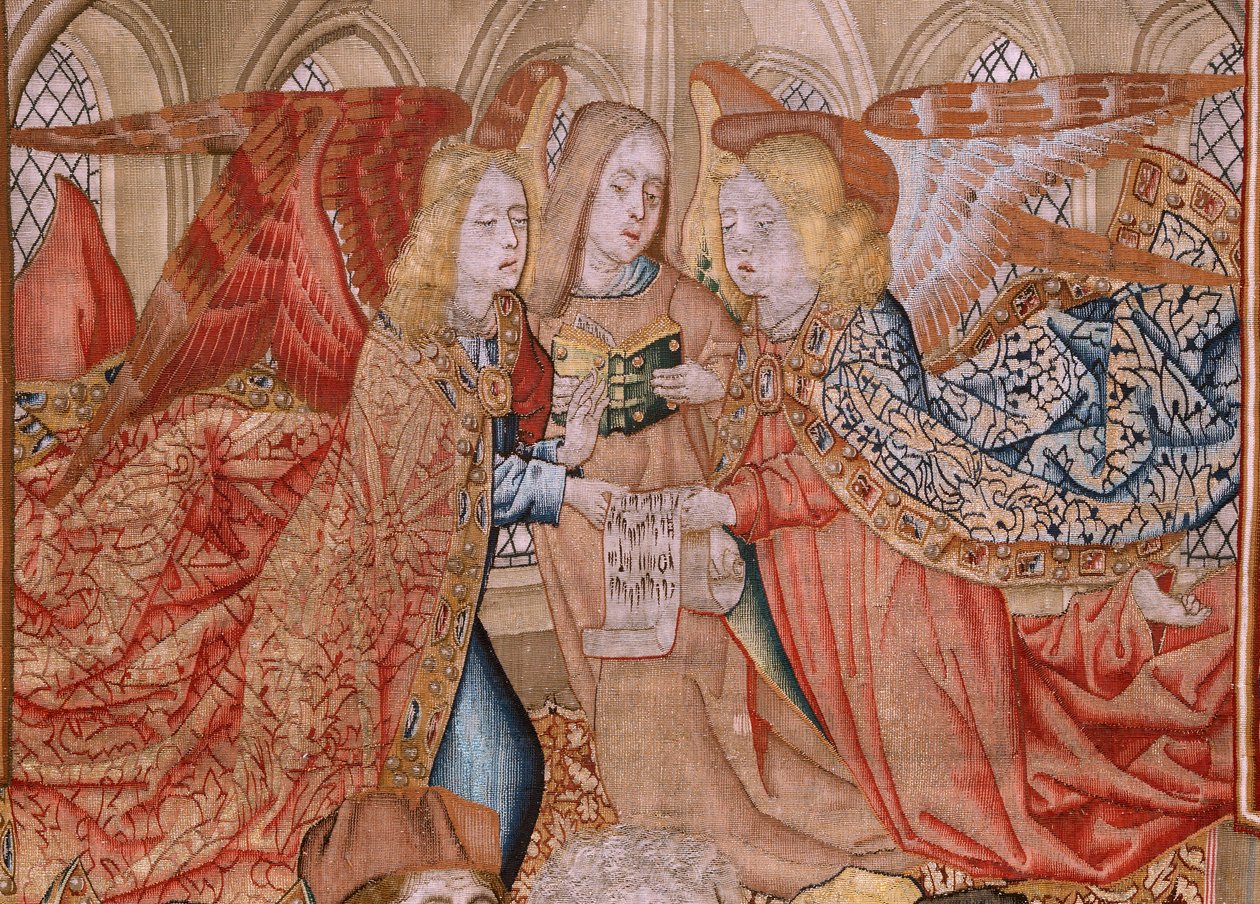 Flamand kárpit. Sorozat epizódok a Szűz életéből; Bemutató a templomban (Presentación en el Templo). A sorozat második kárpitja. Jan van Roome-nak (vagy van Brusselnek) tulajdonított modellek. Gyártás Pieter van Aelst, Brüsszel. Körülbelül 1502-1504. alkotó: Jan van Roome