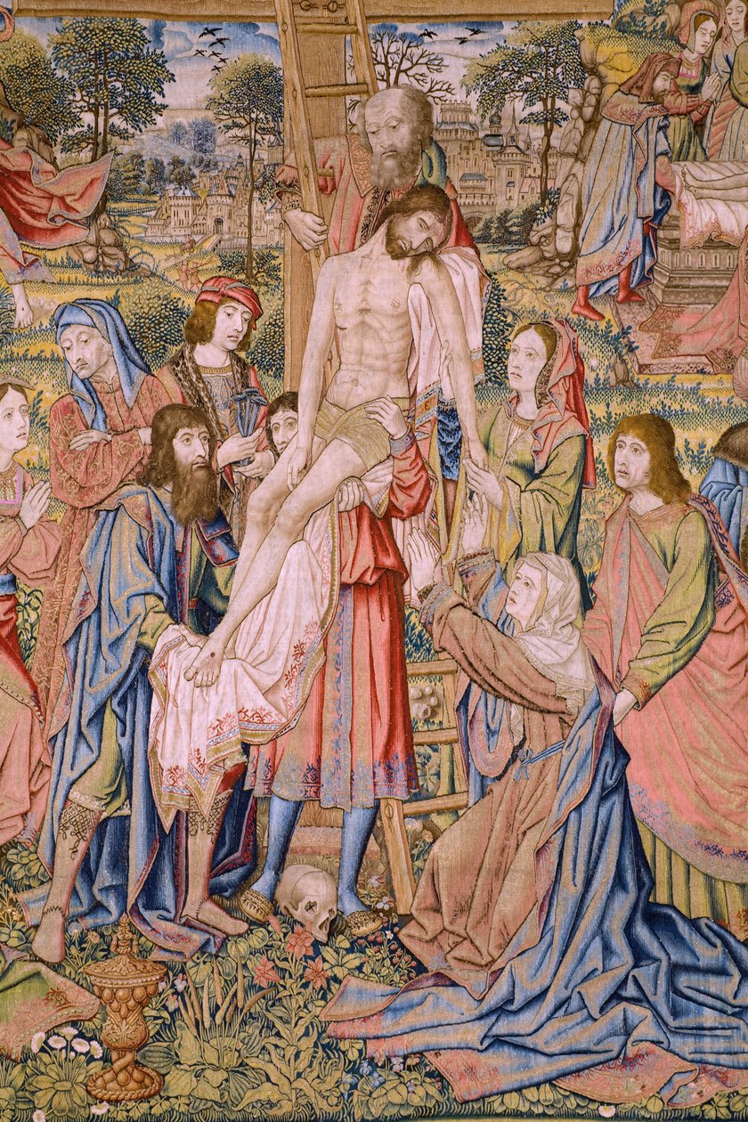 Flamand kárpit. Sorozat Krisztus szenvedése: Leszállás a keresztről (Kruisafneming, Descendimiento de la cruz). Gyártás Pieter van Aelst. Jan van Roome karikaturista. Körülbelül 1507-1520. Részlet. alkotó: Jan van Roome