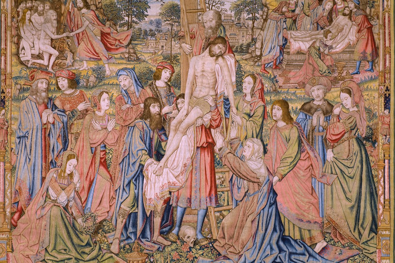Flamand kárpit. Sorozat Krisztus szenvedése: Leszállás a keresztről (Kruisafneming, Descendimiento de la cruz). Gyártás Pieter van Aelst. Jan van Roome karikaturista. Körülbelül 1507-1520. Részlet. alkotó: Jan van Roome