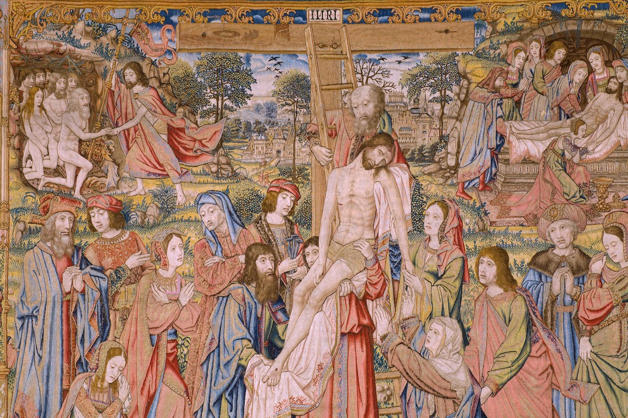Flamand kárpit. Sorozat Krisztus szenvedése: Leszállás a keresztről (Kruisafneming, Descendimiento de la cruz). Gyártás Pieter van Aelst. Jan van Roome karikaturista. Körülbelül 1507-1520. Részlet. alkotó: Jan van Roome