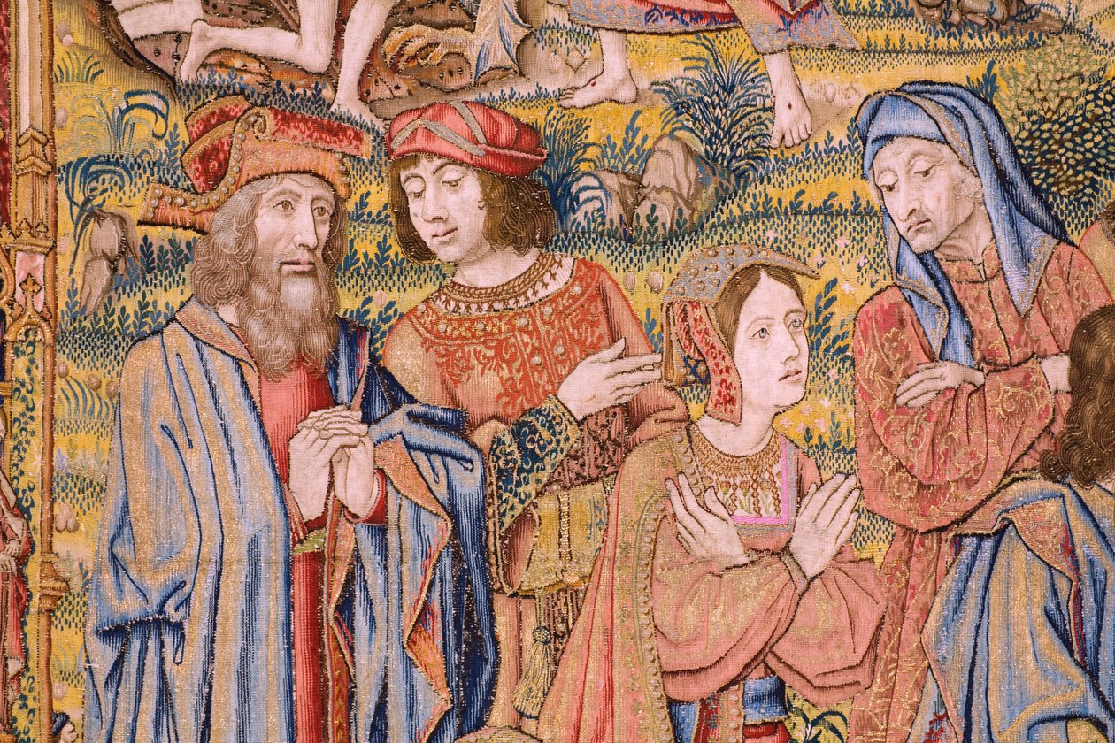 Flamand kárpit. Sorozat Krisztus szenvedése: Leszállás a keresztről (Kruisafneming, Descendimiento de la cruz). Gyártás Pieter van Aelst. Jan van Roome karikaturista. Körülbelül 1507-1520. Részlet. alkotó: Jan van Roome