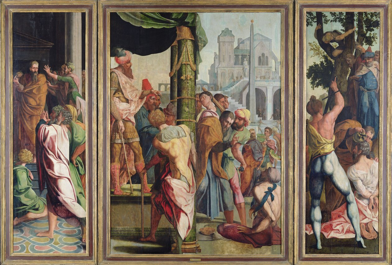 Nagy Szent Jakab prédikációja, letartóztatása és mártíromsága, Szent István és Nagy Szent Jakab poliptichonjából, 1541 körül alkotó: Jan van Scorel