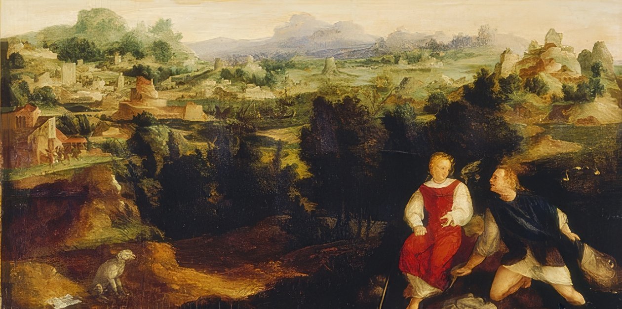 Tóbiás az angyallal egy tájban. 1521 alkotó: Jan van Scorel