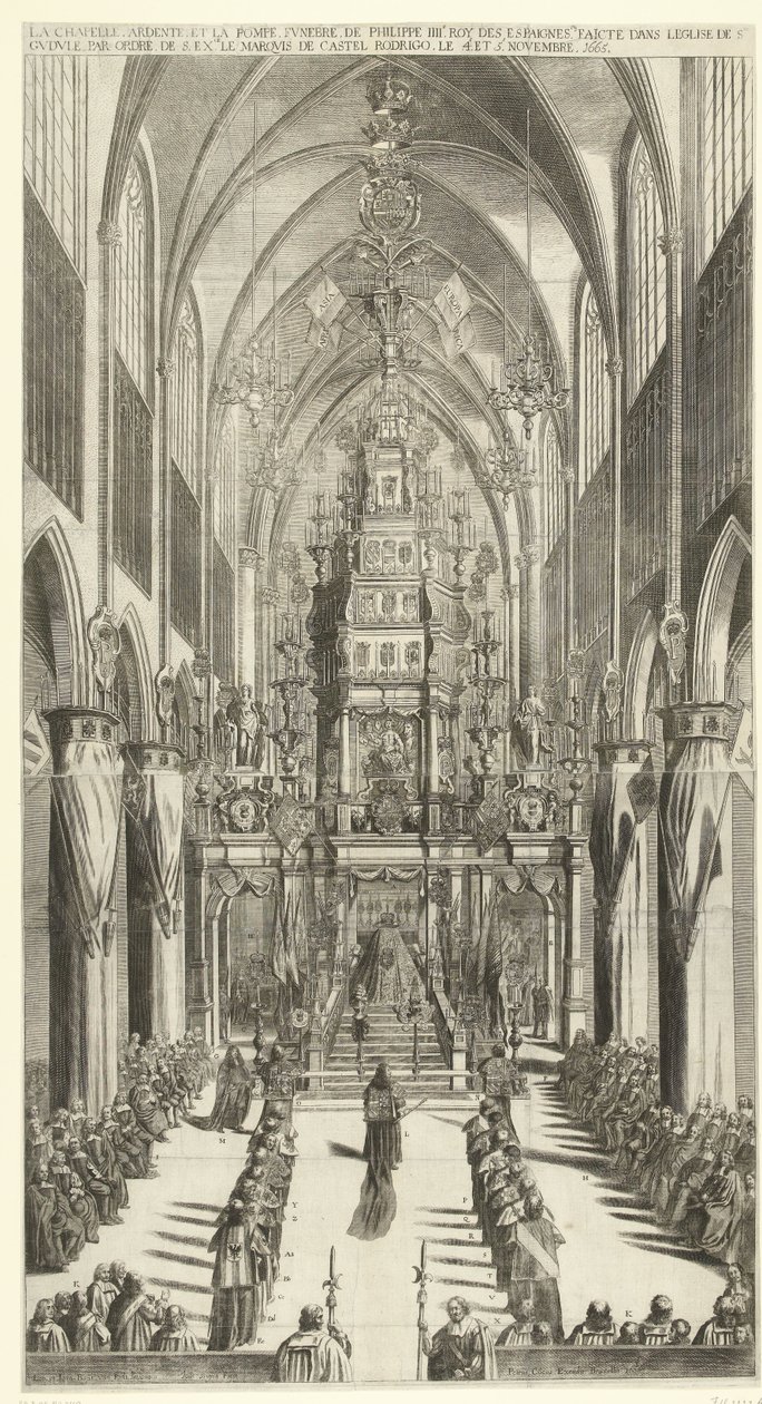 Lijkdienst voor Filips IV te Brussel, 1665 Az égő kápolna és Philippe IIIe roy des Espaignes temetési körmenete a Szent templomban készült. Gudule s sorrendben. többlet. Castel Rodrigo márki 1665. november 4-én és 5-én (cím a tárgyon) alkotó: Jan van Troyen