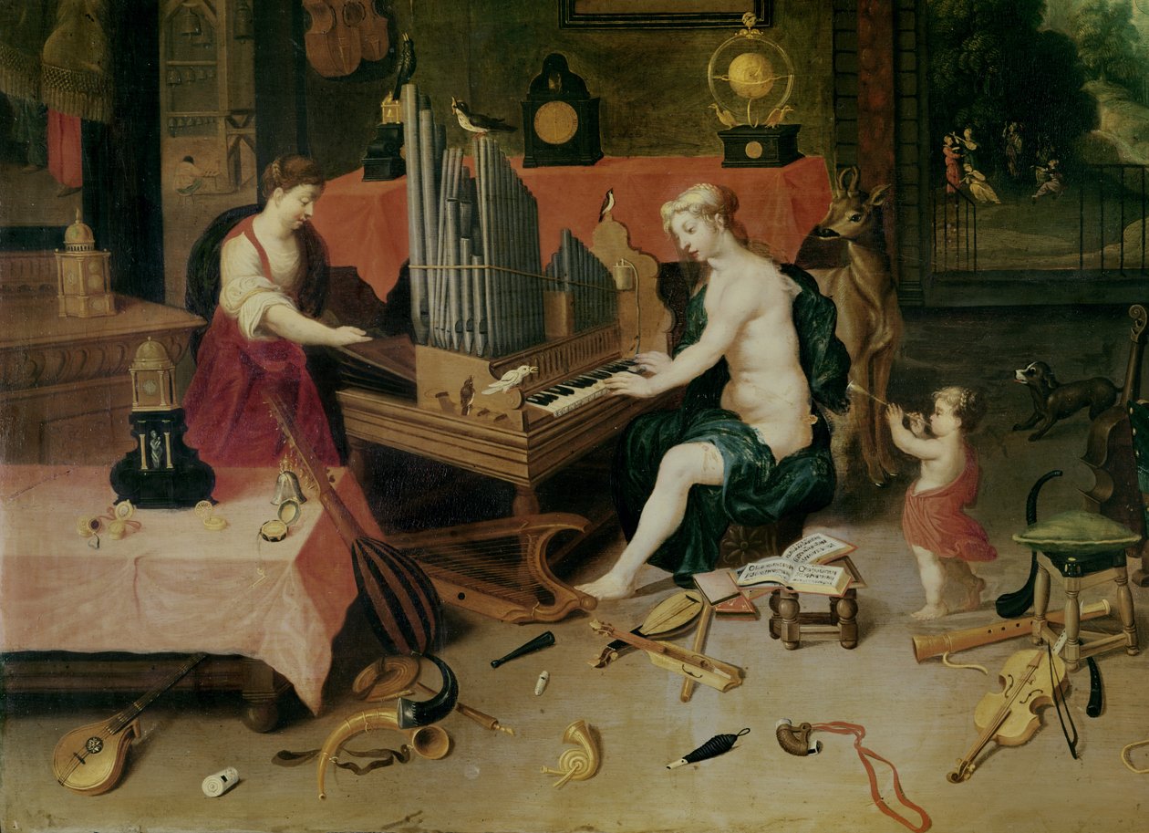 A hallás allegóriája, egy orgonista részlete alkotó: Jan van and Balen, Hendrik van Kessel
