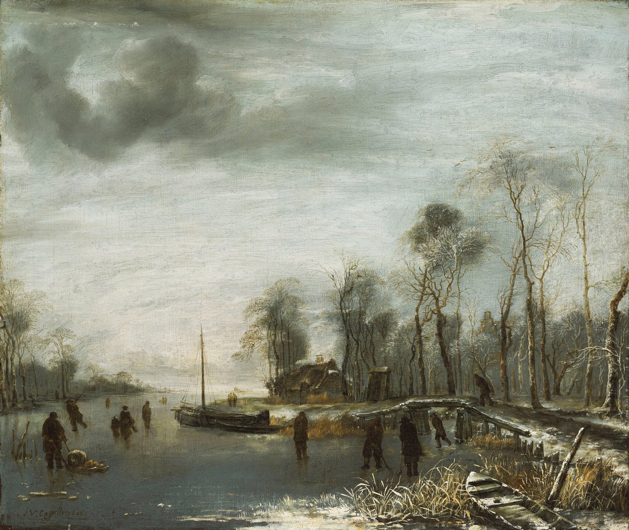 Téli táj korcsolyázókkal és Colf játékosokkal a befagyott vízi úton, 1653 alkotó: Jan van de Capelle or Cappelle