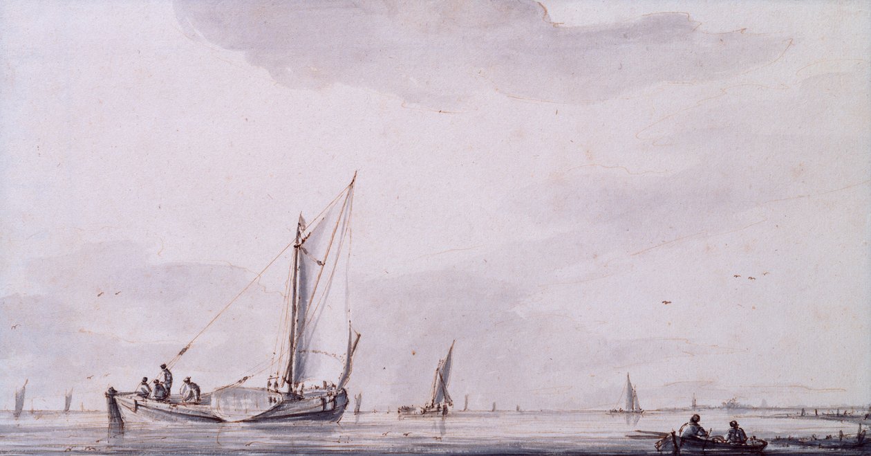 Halászok és vitorlás hajók a torkolatban, nyugodt körülmények között (toll, tinta és mosás) alkotó: Jan van de Capelle or Cappelle