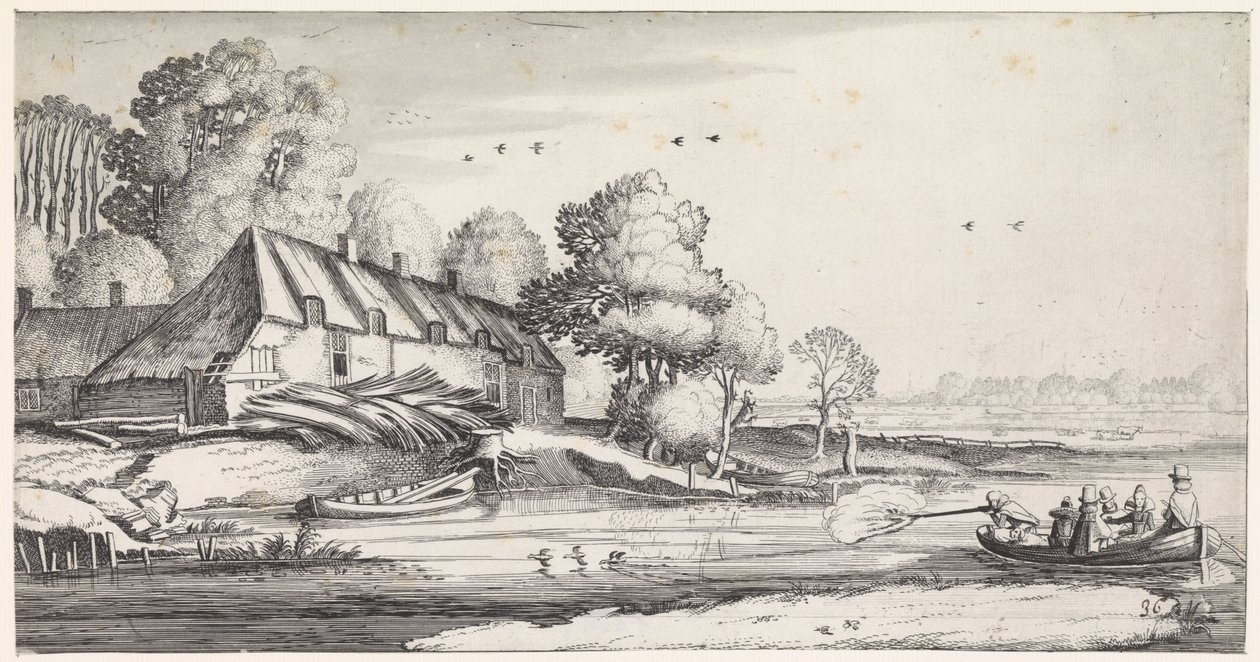 Kacsavadászat a folyón egy farm közelében Playsante tájak és vidám arcok (sorozat címe) alkotó: Jan van de Velde (II)