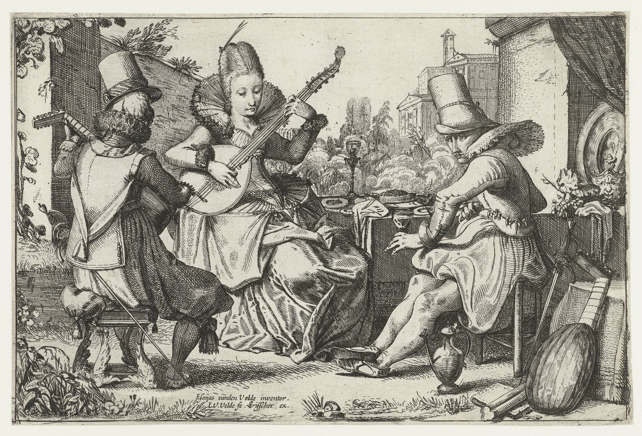 Elegáns társaság, kertben zenél alkotó: Jan van de Velde (II)