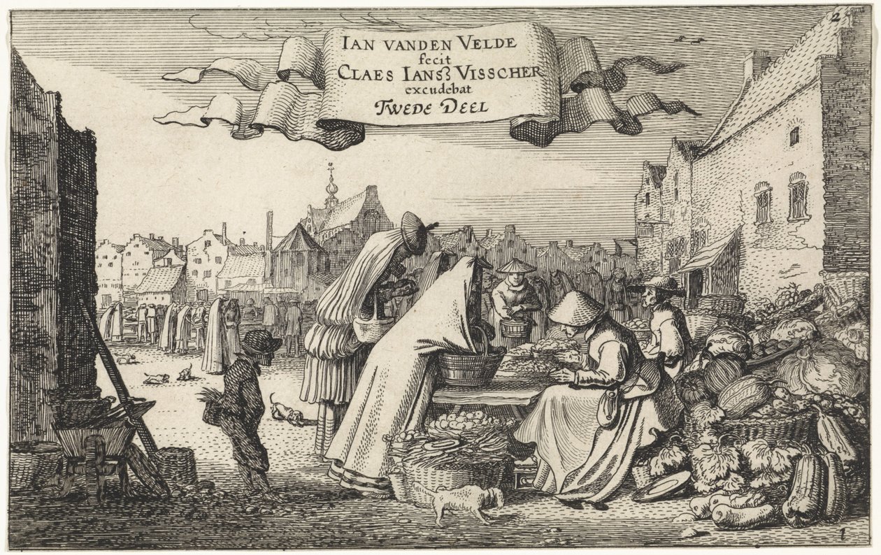 Figurák egy zöldséges bódénál a piacon Tájképek (sorozat címe) Amenissimae aliquot requculae (sorozat címe) alkotó: Jan van de Velde (II)