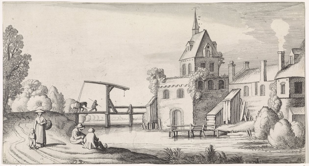 Alakok egy templomtornyos falu felvonóhídjánál Playsante tájak és vidám arcok (sorozat címe) alkotó: Jan van de Velde (II)