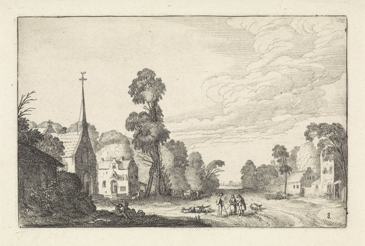Figurák és szarvasmarhák egy faluban, templommal Tájképek (sorozat címe) Amenissimae aliquot requculae (sorozat címe) alkotó: Jan van de Velde (II)