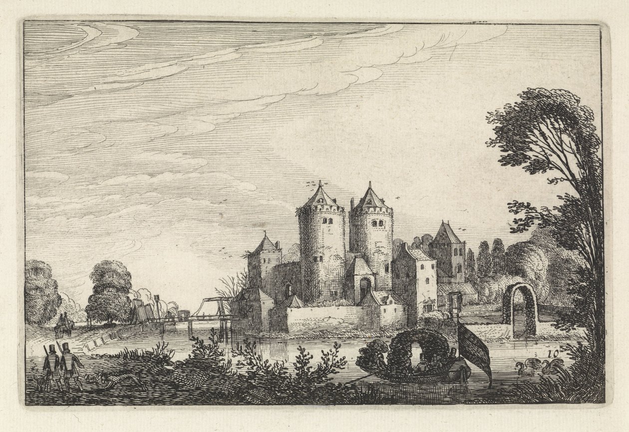 Alakokat egy sétahajón egy kastélyban Tájképek (sorozat címe) Amenissimae aliquot requculae (sorozat címe) alkotó: Jan van de Velde (II)