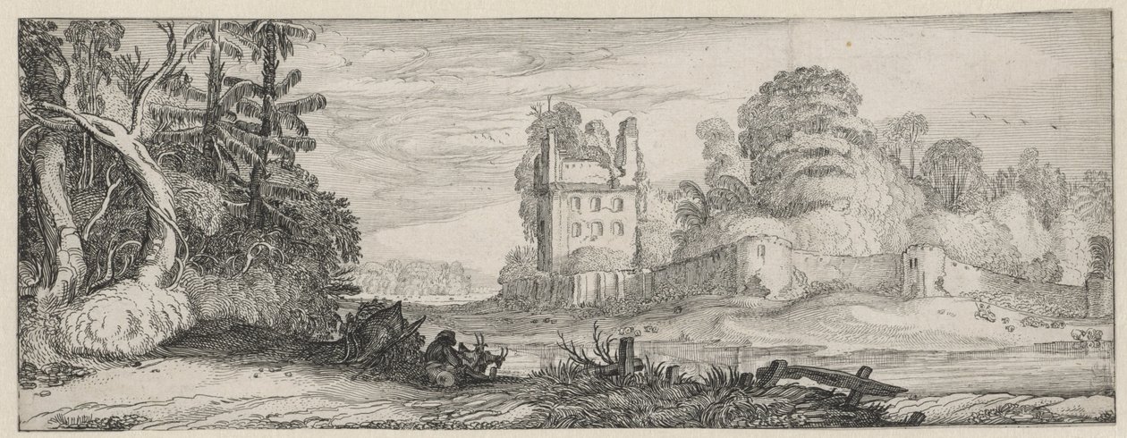 Kilátás egy romos házra a fal mellett Tájak és romok (sorozat címe) Amoenissimae aliquot Regiunculae (sorozat címe) alkotó: Jan van de Velde (II)