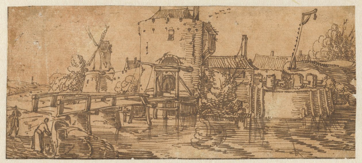 Kilátás a városra (Culemborg?) híddal a kapu előtt alkotó: Jan van de Velde (II)