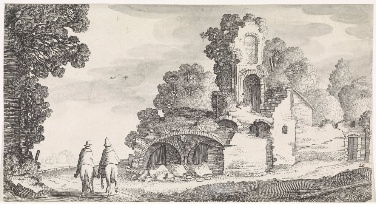 Táj romokkal és két lovassal Playsante tájak és a mulatságos arcok (sorozat címe) alkotó: Jan van de Velde (II)