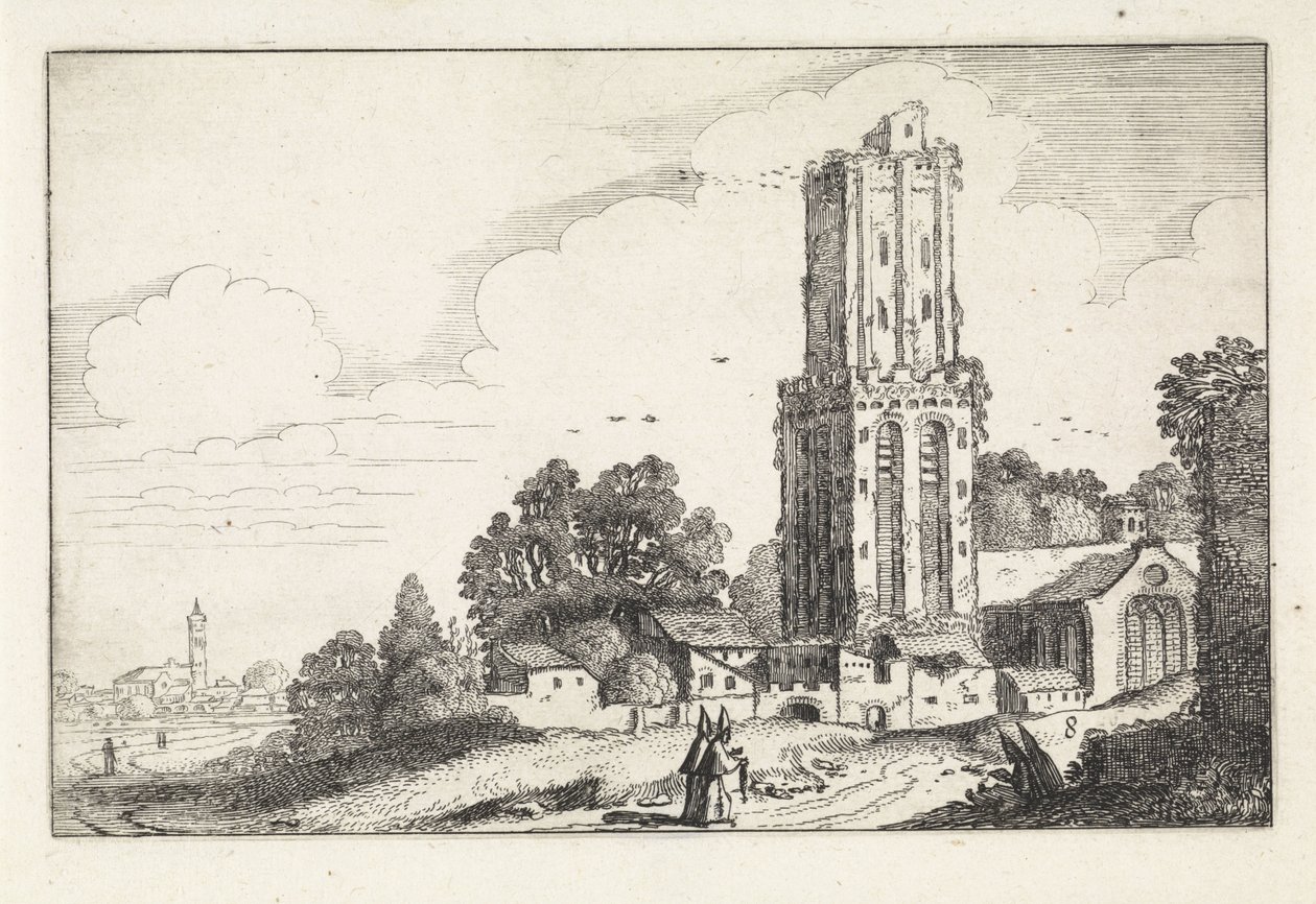 Táj romos templomtoronnyal Tájképek (sorozat címe) Amenissimae aliquot requculae (sorozat címe) alkotó: Jan van de Velde (II)