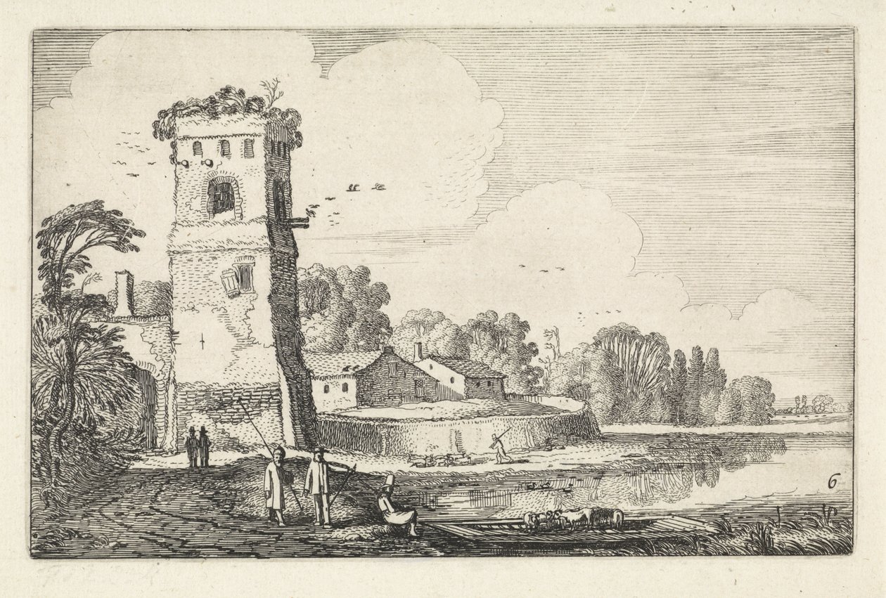 Pont juhokkal egy toronynál a folyó táján Tájképek (sorozat címe) Amenissimae aliquot requculae (sorozat címe) alkotó: Jan van de Velde (II)