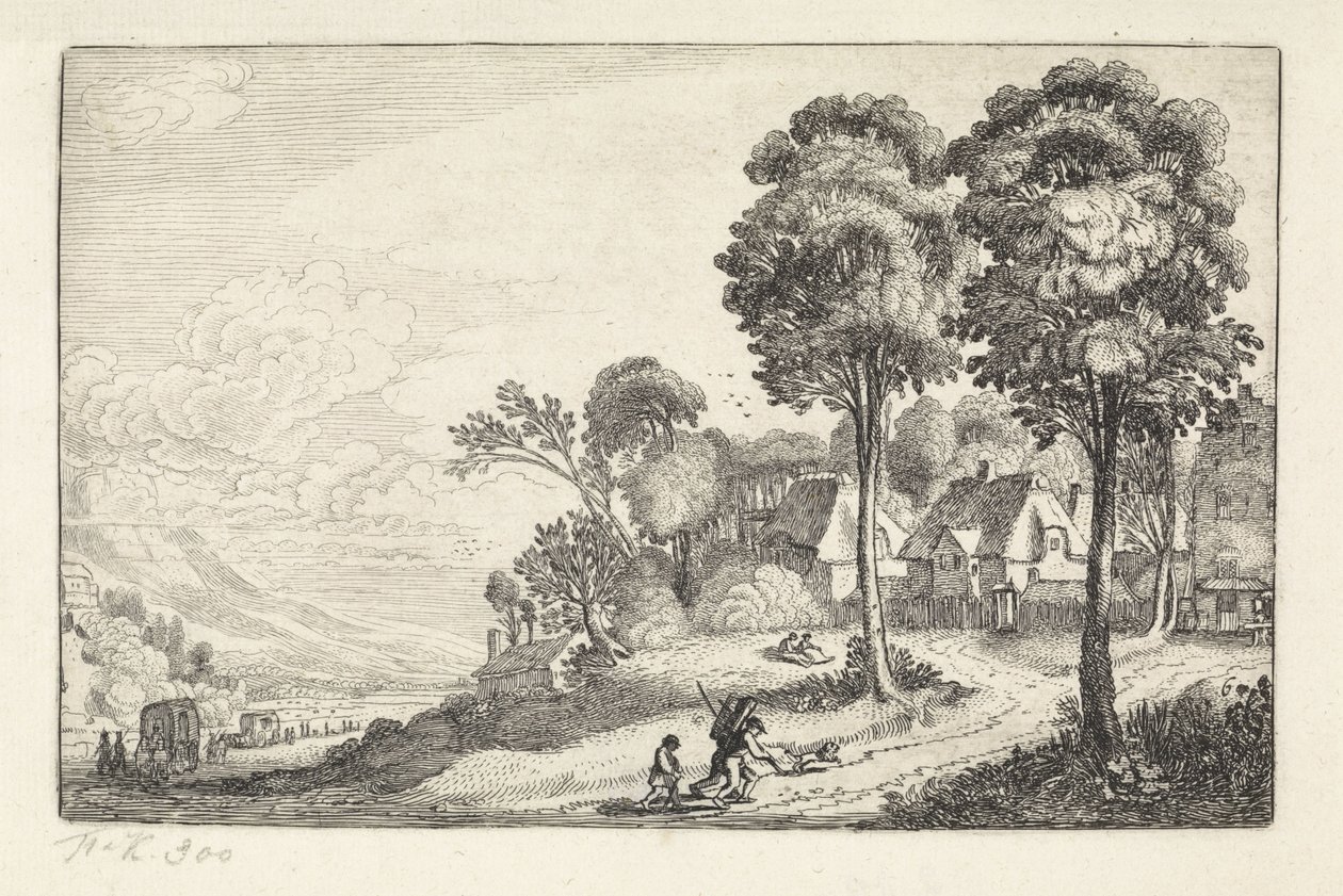 Utazók egy ösvényen egy falu közelében Tájképek (sorozat címe) Amenissimae aliquot requculae (sorozat címe) alkotó: Jan van de Velde (II)