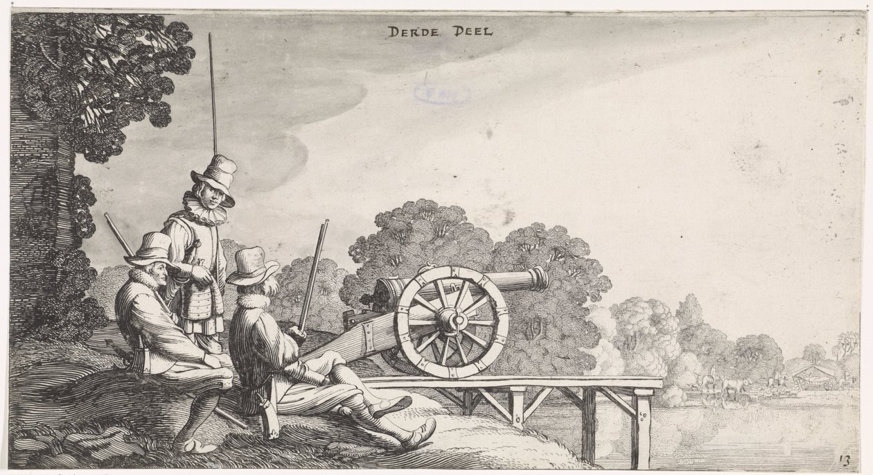 Katonák egy ágyú mellett a folyami mólón Playsante tájak és vidám arcok (sorozat címe) alkotó: Jan van de Velde (II)