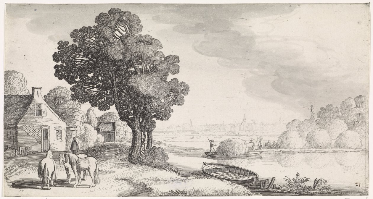Szénaszállítás a folyón, Haarlem a távolban Playsante tájak és vidám arcok (sorozat címe) alkotó: Jan van de Velde (II)
