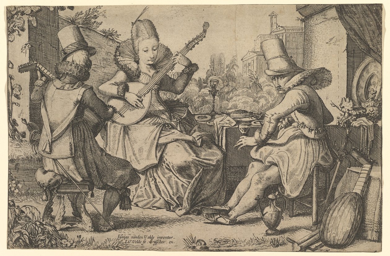 Két elegánsan öltözött férfi és egy nő a kertben, 1613-41. alkotó: Jan van de Velde II
