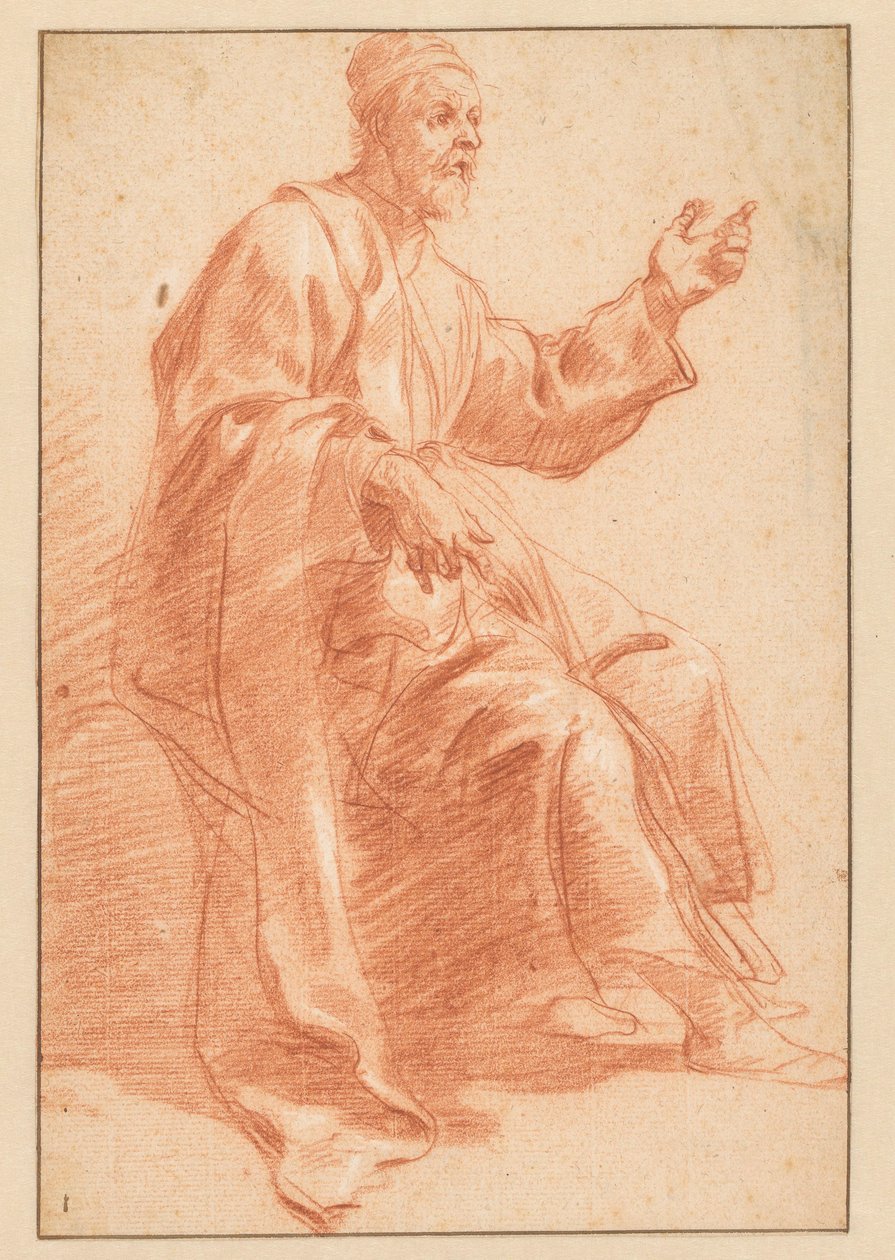 Ülő öregember felemelt bal kézzel alkotó: Jan van den Bergh