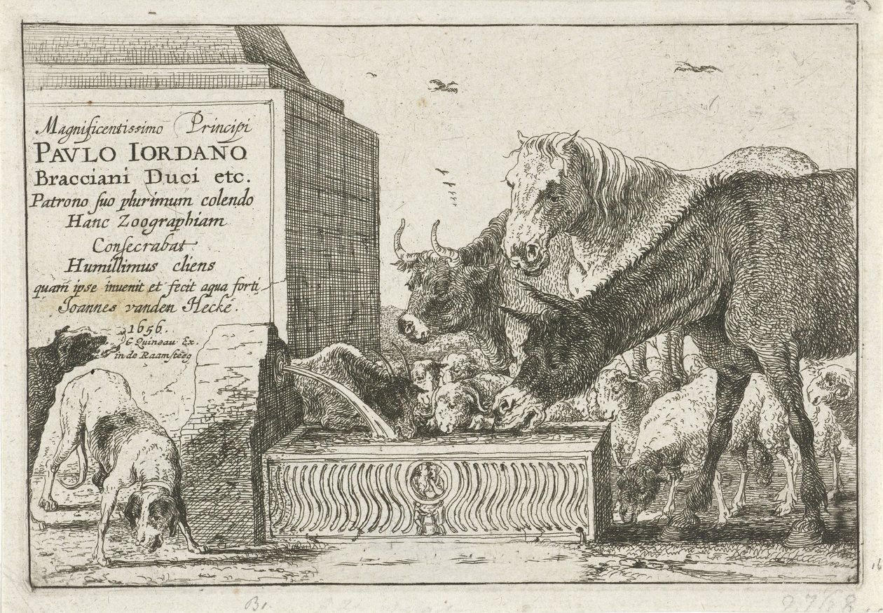 Állatok a szökőkút mellett Állatokat ábrázoló nyomatsorozat címlenyomata Állatok (sorozat címe) Zoographiam (sorozat címe az objektumon) alkotó: Jan van den Hecke