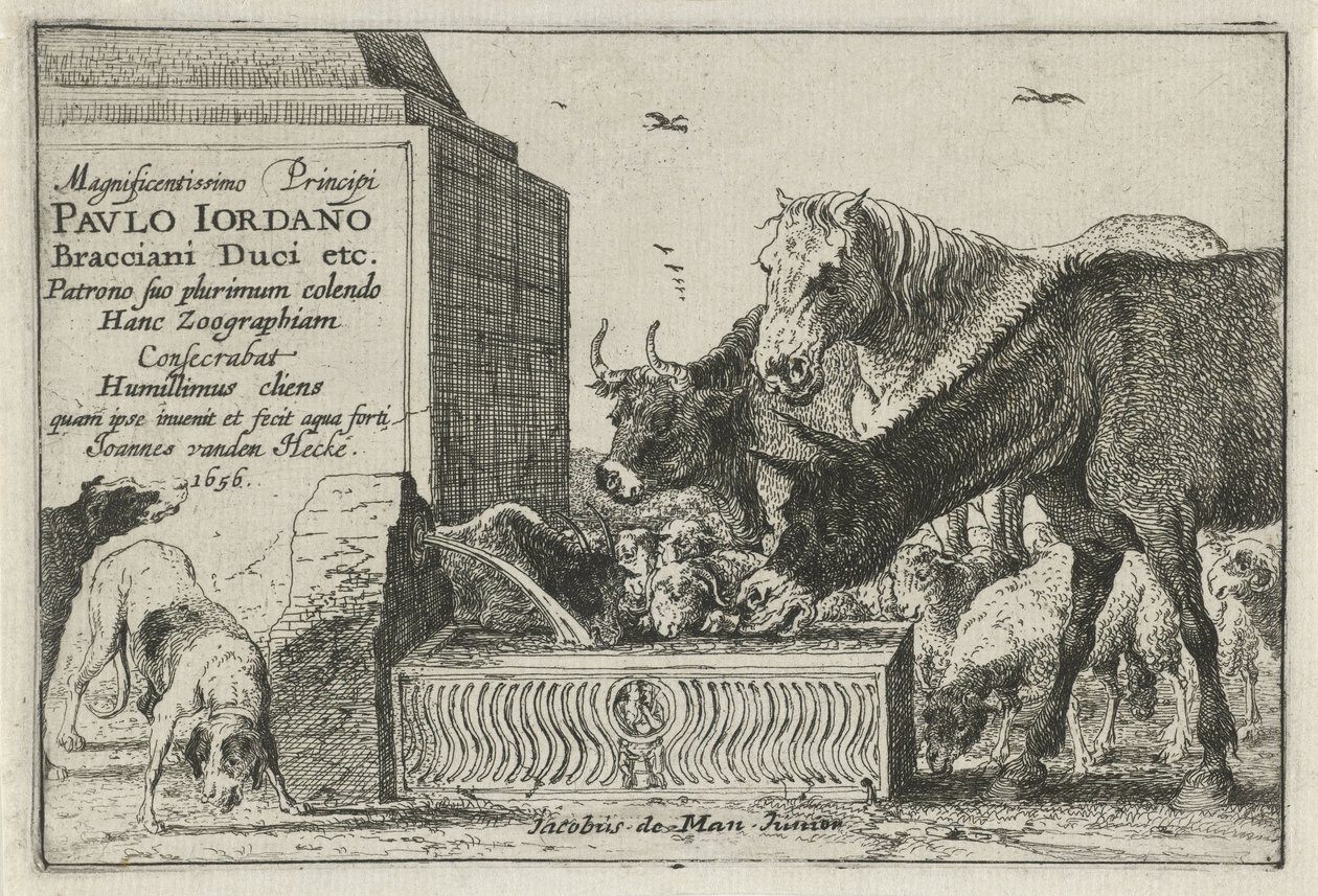 Állatok a szökőkút mellett Állatokat ábrázoló nyomatsorozat címlenyomata Állatok (sorozat címe) Zoographiam (sorozat címe az objektumon) alkotó: Jan van den Hecke