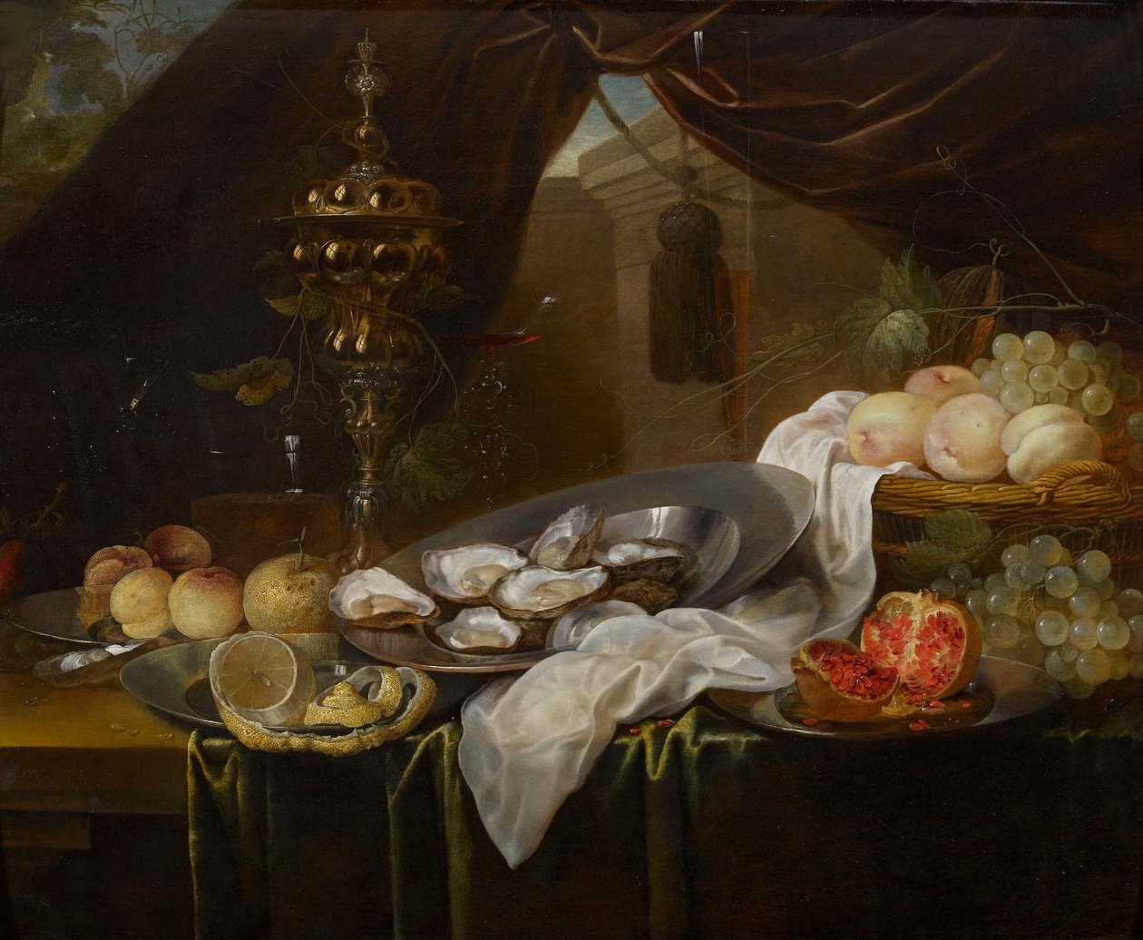 Csendélet aranypohárral, Façon de Venise üvegáruval, gyümölcsökkel és osztrigával alkotó: Jan van den Hecke