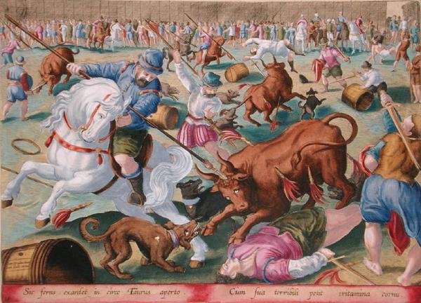 Tömeges bikaviadal zárt térben, 18. tábla a „Venationes Ferarum, Avium, Piscium” (Vadászatról: Vadállatok, madarak, halak) anyagából, Jan Collaert (1566-1628) metszetében, Phillipus Gallaeus Amszterdamban (kézzel színezett metszet) alkotó: Jan van der (1523 1605) (after) Straet