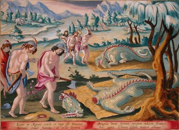 Lefejező krokodilok, 46-os tábla a „Venationes Ferarum, Avium, Piscium”-ból (Vadászatról: Vadállatok, madarak, halak), Jan Collaert (1566-1628) metszetével, Phillipus Gallaeus Amszterdam kiadásában (kézzel színezett metszet) alkotó: Jan van der (1523 1605) (after) Straet