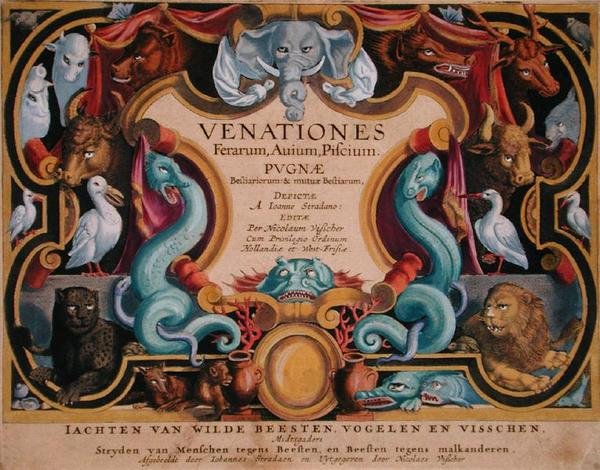 Jan Collaert (1566-1628) által metszett „Venationes Ferarum, Avium, Piscium” (Vadászat: Vadállatok, madarak, halak) címlapja, az amszterdami Phillipus Gallaeus (kézzel színezett metszet) alkotó: Jan van der Straet