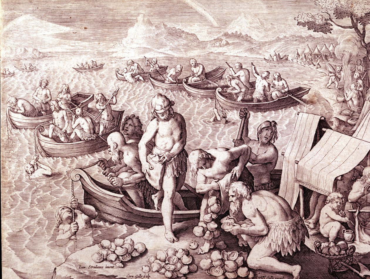 Osztriga halászat. 17. század. Giovanni Stradano (Jan Van Der Straet) (Johannes Stradanus) metszete (1523-1605). alkotó: Jan van der Straet