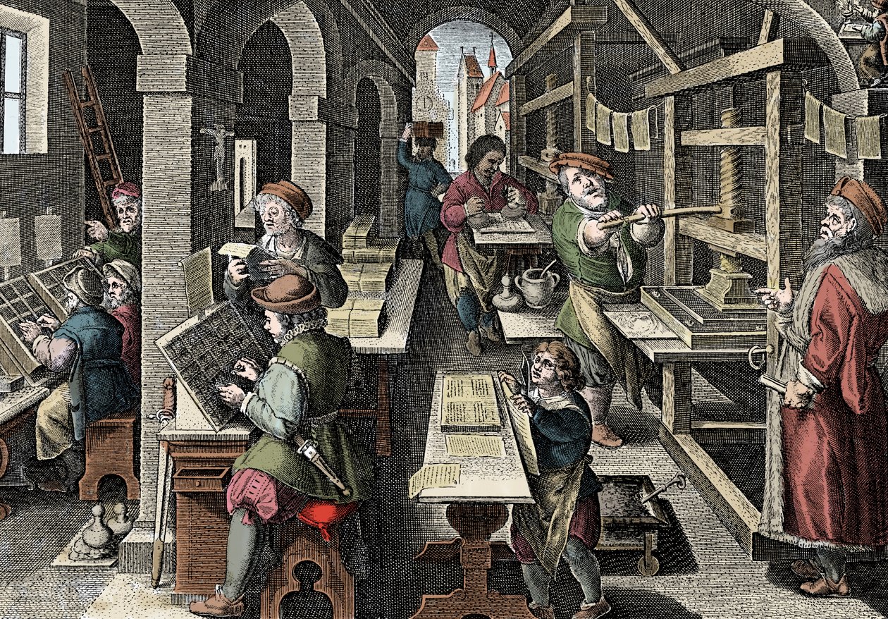 Nyomda, c1600 - Hollandia, Nyomtatás: bal oldalon a karakterek karaktereket használnak, a nyomtatás előkészítésének különböző szakaszai nyomdászmester felügyelete alatt - Giovanni Stradano (Jan Van Der Straet) (Johanne) gravírozása „Nova Reperta”-ból alkotó: Jan van der Straet