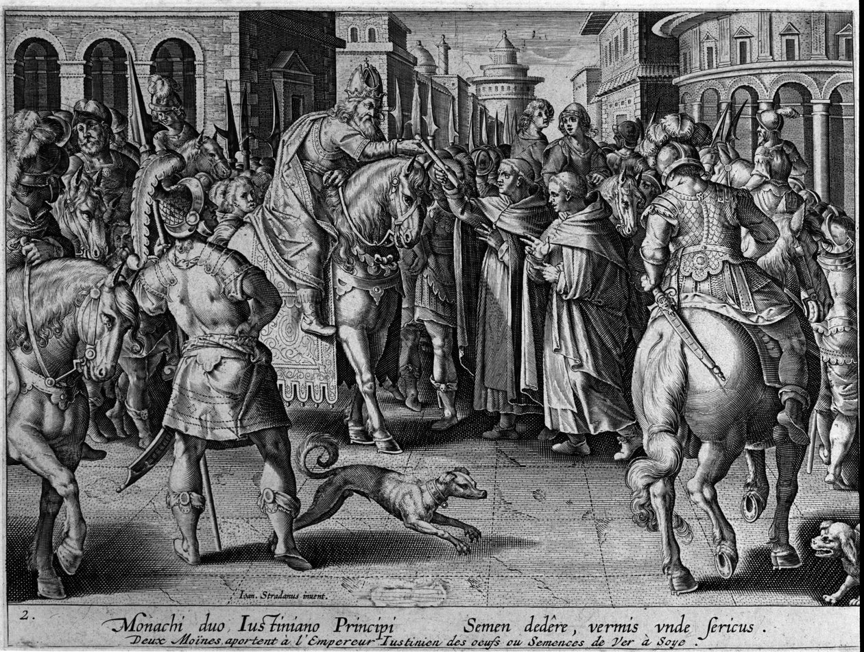 A szerzetesek selyemhernyókat adtak át I. Justinianus (483-565) bizánci császárnak. A császár így megkezdi a selyemkereskedelmet. Giovanni Stradano (Jan Van Der Straet) metszet (Johannes Stradanus) (1523-1605) XVII. alkotó: Jan van der Straet