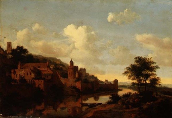 Erősített város a folyó felett (panel) alkotó: Jan van der Heyden