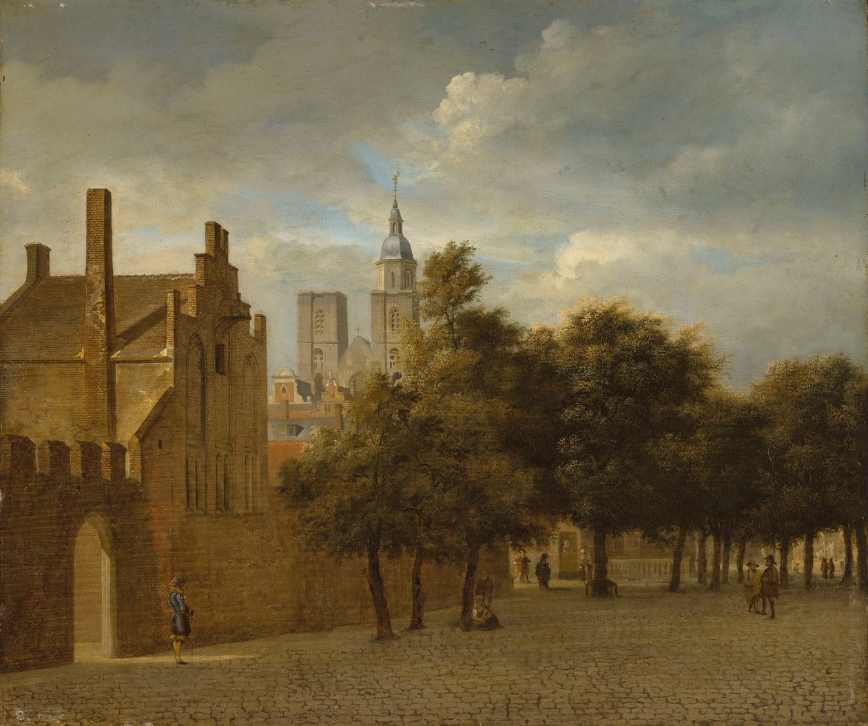 Városkép sétáló alakokkal, mögötte egy templommal alkotó: Jan van der Heyden