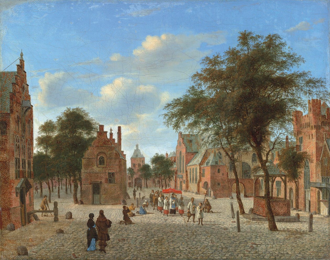 Egy városi tér látképe, a Corpus Christi ünnepén körmenetet és az Oltáriszentség előtt térdelő alakokat ábrázol, 1637-1712 körül (olaj, vászon). alkotó: Jan van der Heyden