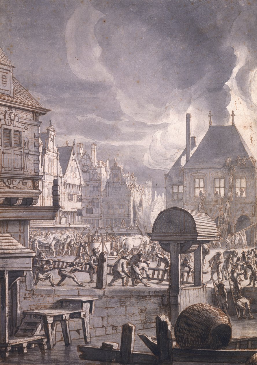 Tűz az amszterdami régi városházán, 1652. július 17. (toll, tinta és WC papíron) alkotó: Jan van der Heyden