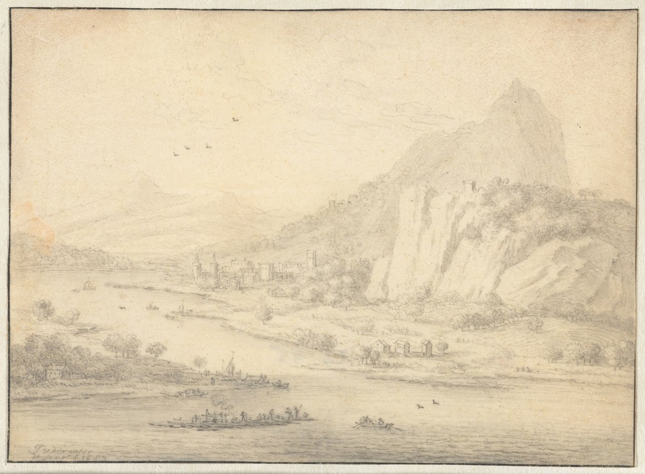 Hegyvidéki folyó táj csónakokkal alkotó: Jan van der Meer (II)
