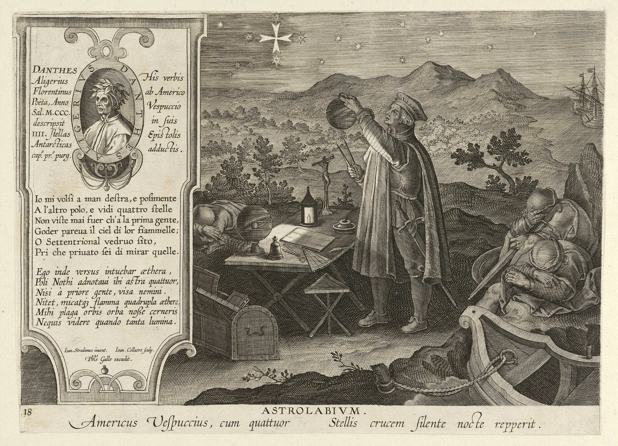 Amerigo Vespucci A Déli Kereszt felfedezése Astrolabe segítségével, kocsma. 1600. alkotó: Jan van der Straet
