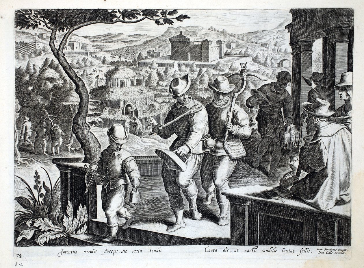 Madárfogók feketerigót fogni, illusztráció a „Venationes, Ferarum, Avium, Piscium” (Vadászatról: Vadállatok, madarak, halak) című könyvből, vésette: Jan Collaert (1566-1628), kocsma. írta: Phillipus Gall alkotó: Jan van der Straet